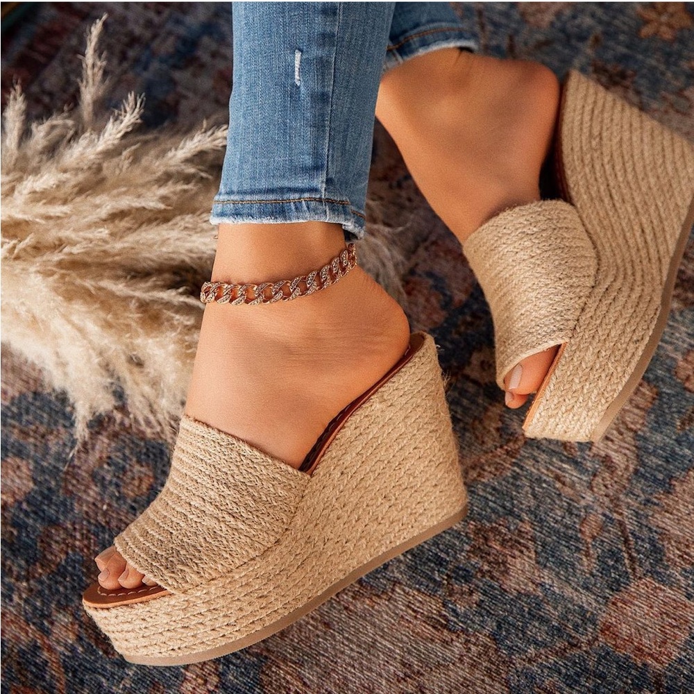 Jute Raffia Slip On Wedge Mules